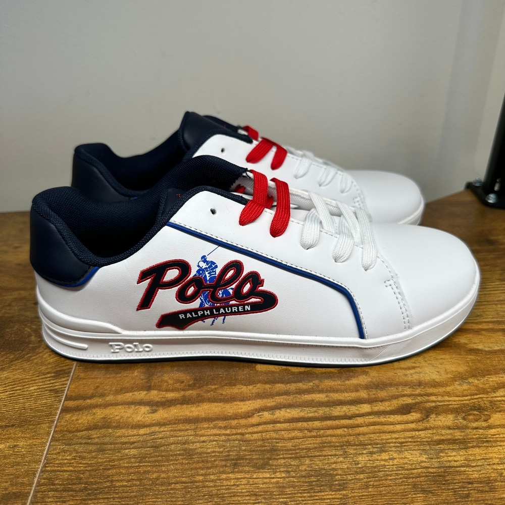 Polo Ralph Lauren Heritage Court III Graphic White Navy Red Sneakers Kids Size 6 - Picture 1 of 10